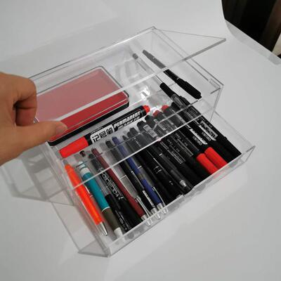 鹤成HECHENG亚克力收纳学生笔收纳可叠放亚克力掀盖二层式抽屉/大