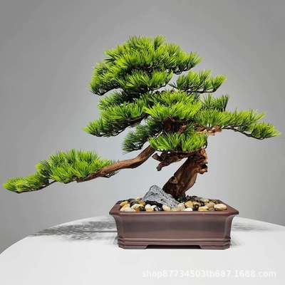 新中式仿真盆景迎客松招财摆件玄关桌面办公室客厅酒店微景观软装