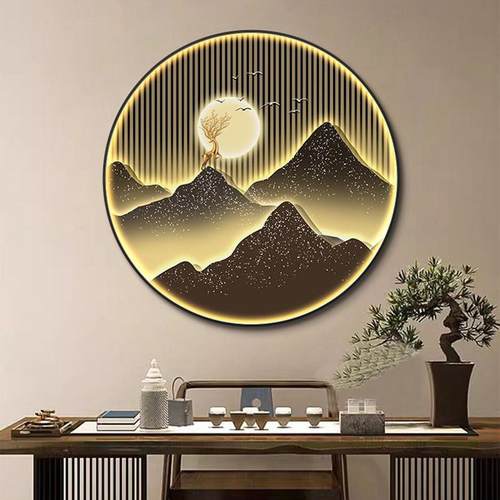 轻奢玄关装饰画背有靠山客厅圆形灯画书房茶室办公室走廊过道挂画