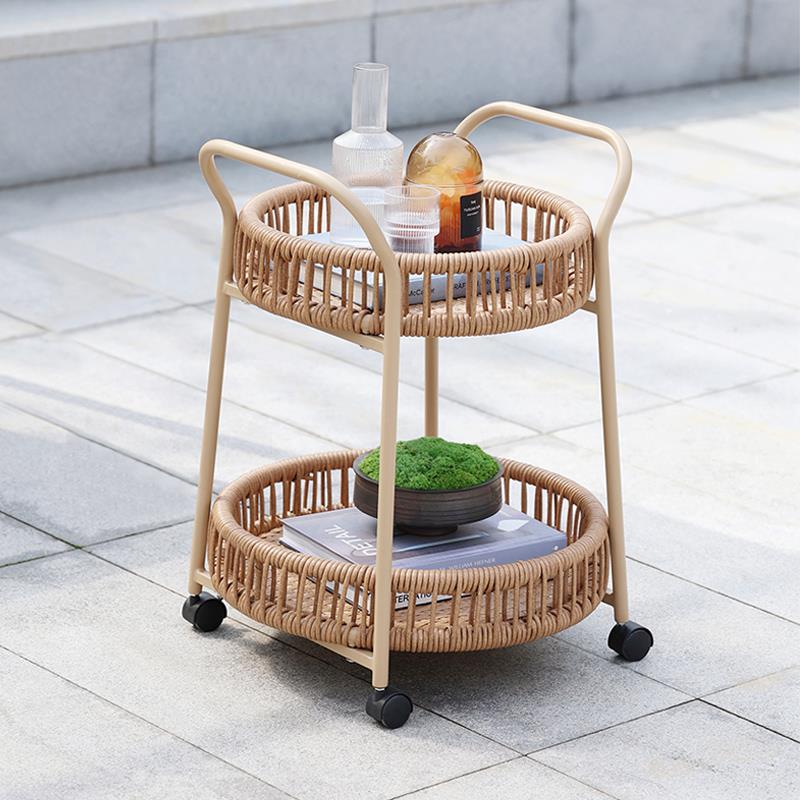 5V曼好家 储物小边几户外藤编双层小推车创意收纳床边沙发角几
