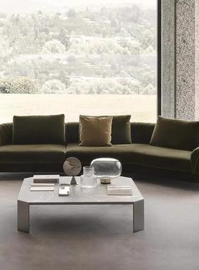 极简美式轻奢墨绿色绒布别墅大户型客厅布艺褶皱转角弧形沙发组合