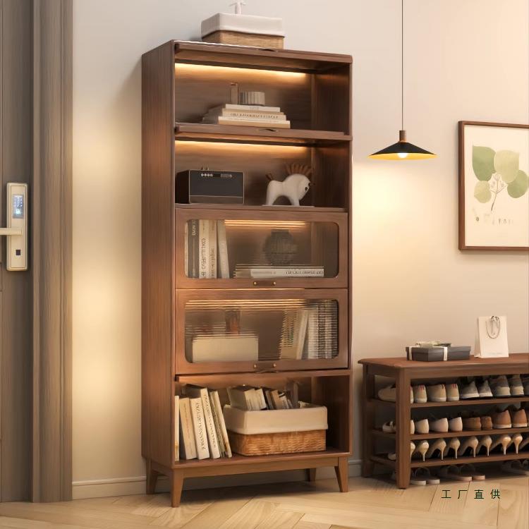 实木书柜防尘带玻璃门书架置物架带门落地家用客厅美式书柜中古风