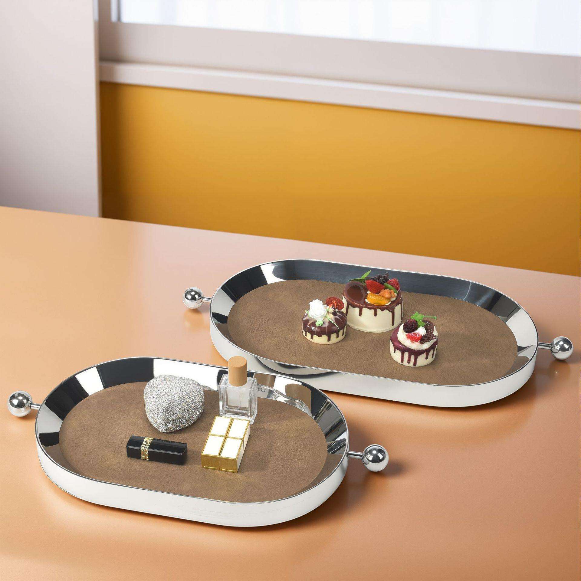 不锈钢镜面皮革托盘轻奢高档水果盘蛋糕餐盘金属首饰收纳置物盘