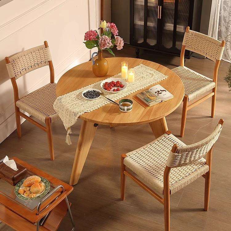 北欧原木餐椅简约手工绳编靠背椅家用书房卧室实木椅子餐厅麦田椅