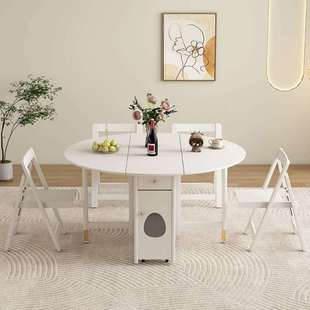 纯实木折叠餐桌椅子组合小户型省空间中古风收纳家用可变形圆