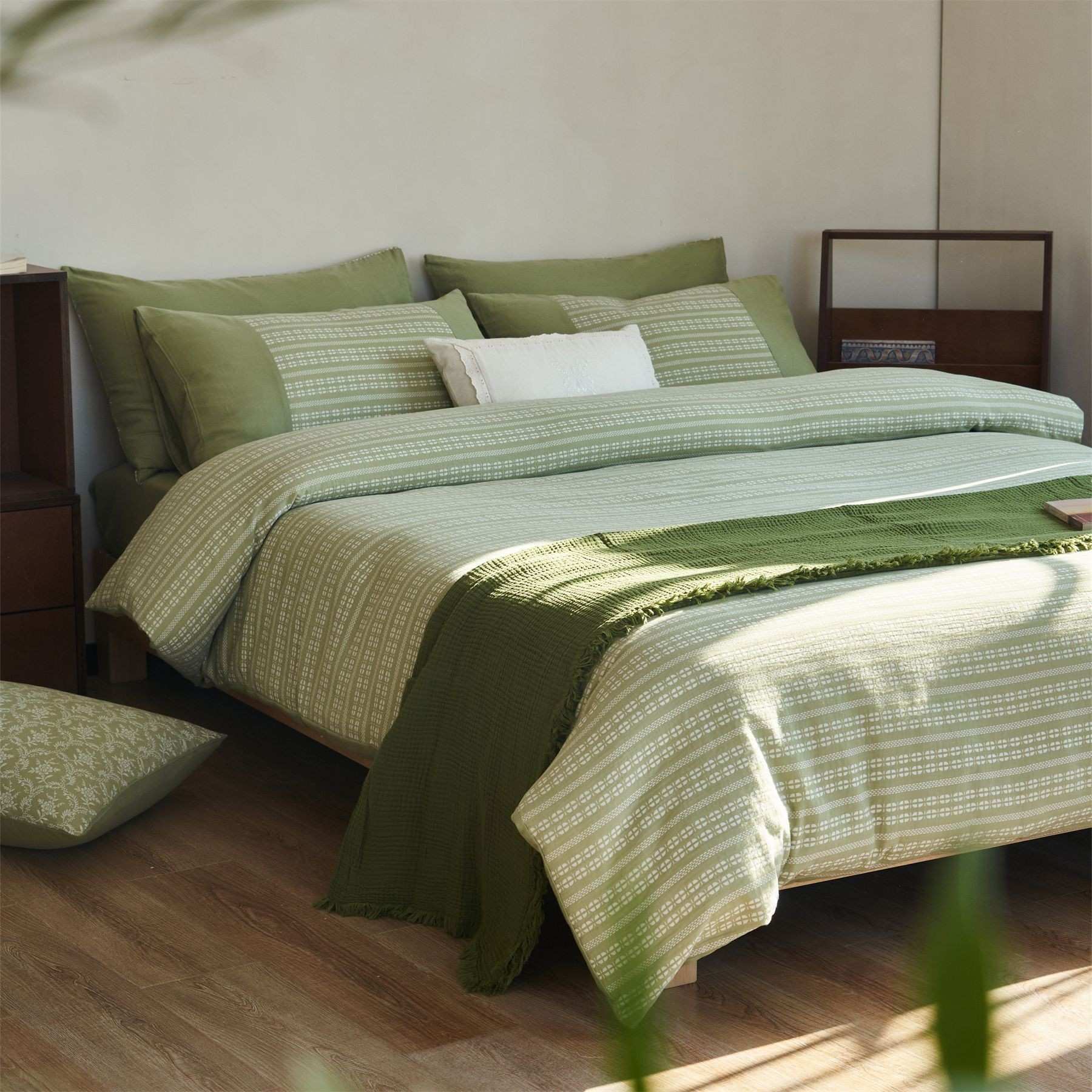 日式复古轻几何简约床上用品绿丝绦奢全棉色织提花双层纱四件套