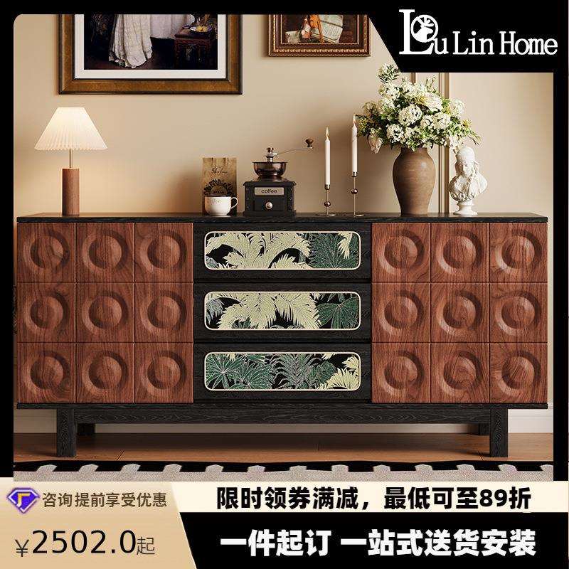 法式复古实木餐边柜客厅靠墙一体储物柜设计师花布三斗大容量柜子