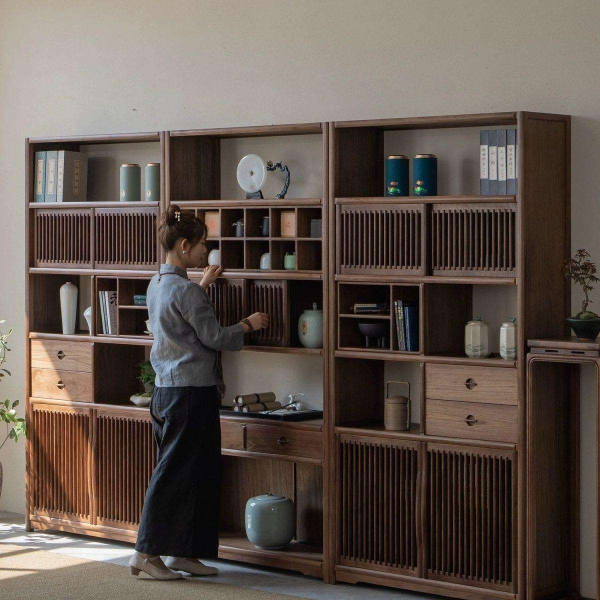 博古架展示柜书架多宝阁茶室置物架新中式黑胡桃书柜老榆木实木