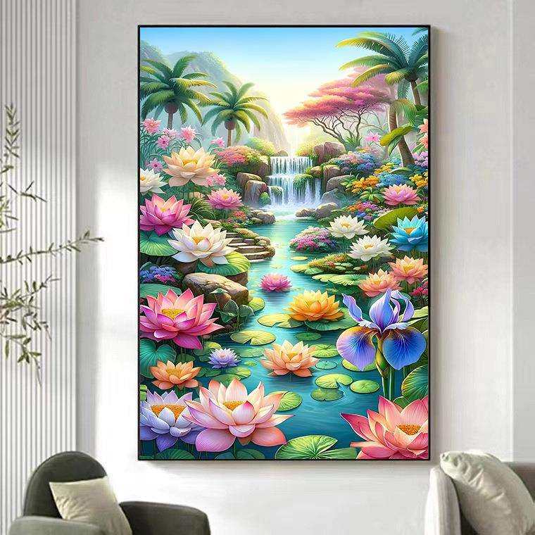 盛世荷花十字绣2024新款线绣客厅竖版玄关大格自己绣手工满绣简单