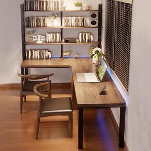 实木转角书桌书架一体桌书柜组合双人家用L型拐弯电脑桌I型办公桌