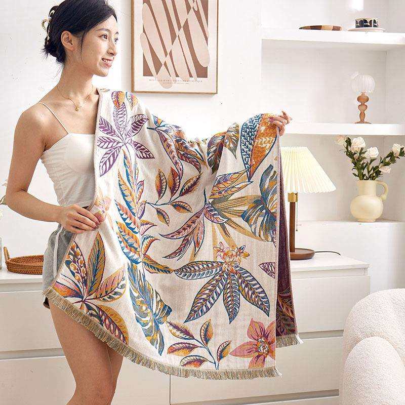 四层全棉纱布浴巾毛毯子沙发盖毯纯棉长绒棉多功能披肩毛巾被床毯