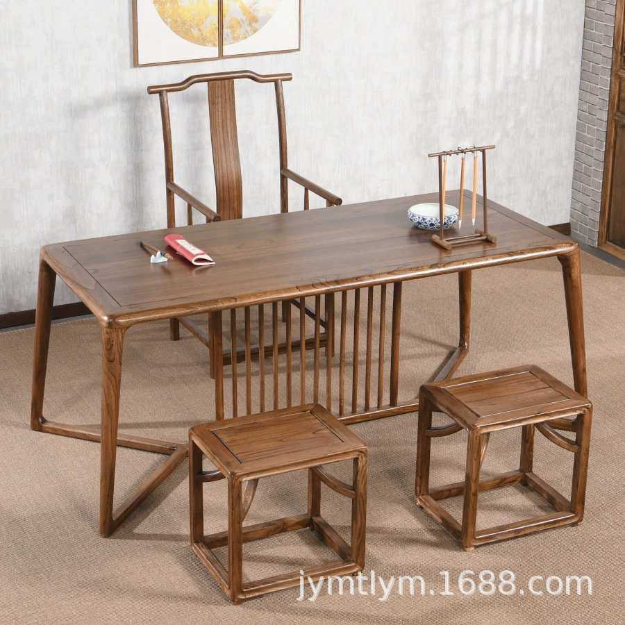 老榆木茶桌家用组合式吃饭餐桌榆木家具长方形办公桌复古卧室书桌