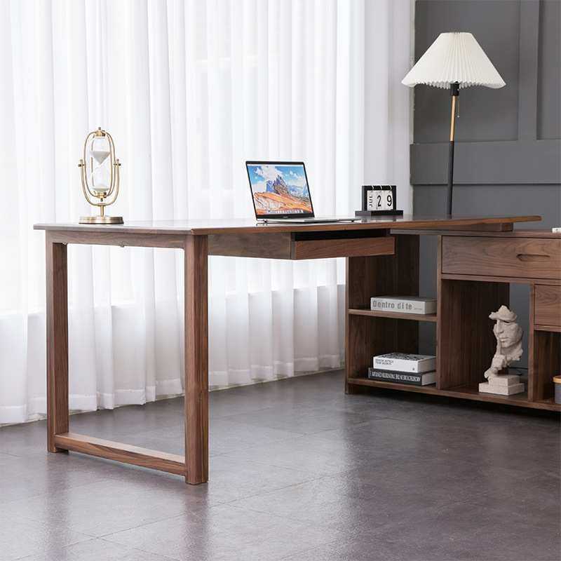 北欧黑胡桃木全实木电脑桌现代简约书桌书柜一体转角轻奢型办公桌