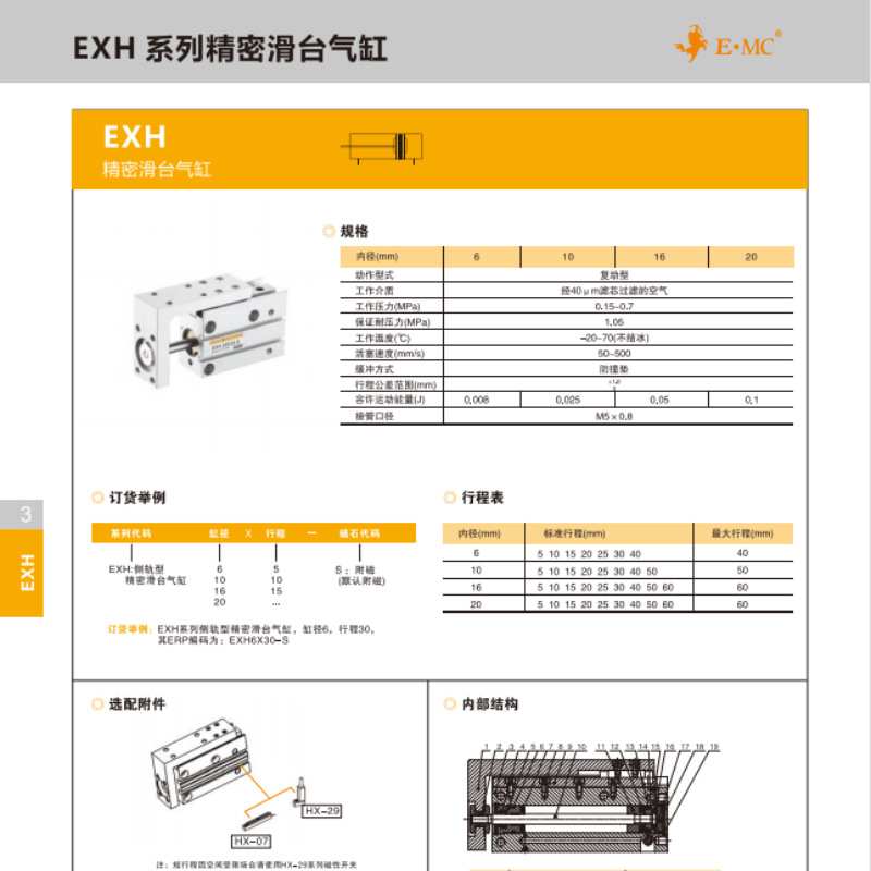 E.MC亿太诺EXH10X5X10X15X20X25X30X40X50X60-S 精密侧轨滑台气缸