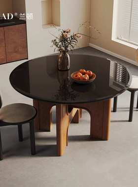 LDAD北欧中古钢化玻璃双层餐桌椅家用法式复古橡木实木圆形饭桌子