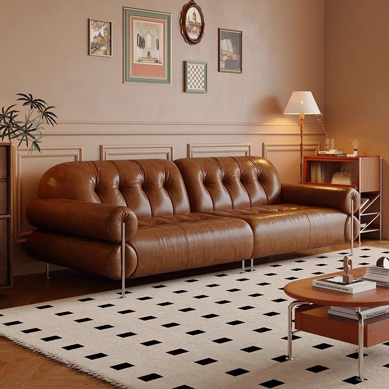法式复古皮艺沙发客厅小户型油蜡皮黑糖云朵沙发三人位中古风沙发