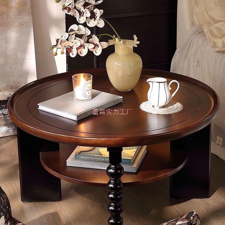 法式新款实木茶几圆形茶桌小户型中式小桌子古风家用客厅美式复古