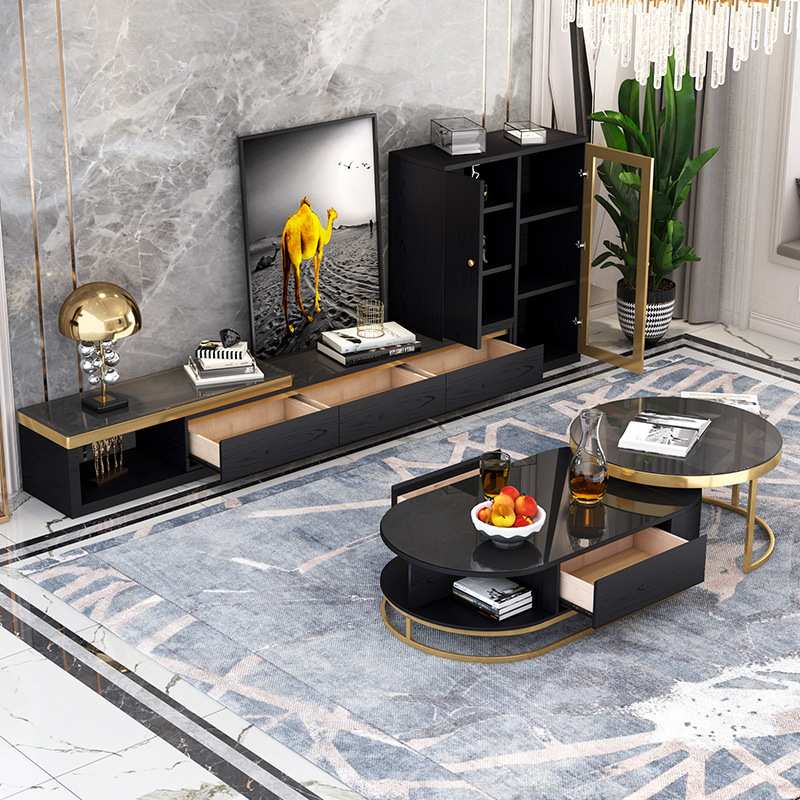 轻奢风椭圆茶几钢化玻璃北欧伸缩茶几电视柜组合圆形现代简约新款