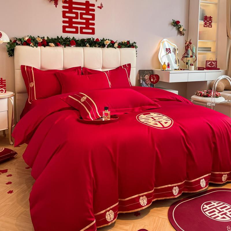 婚庆纯棉60支长绒棉四件套刺绣被套全棉1.8m结婚龙凤床笠款