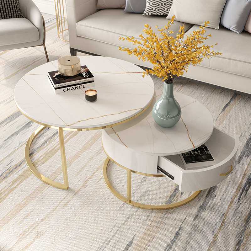 铁艺金色岩板圆形小茶几家用客厅沙发子母茶几组合大理石边几