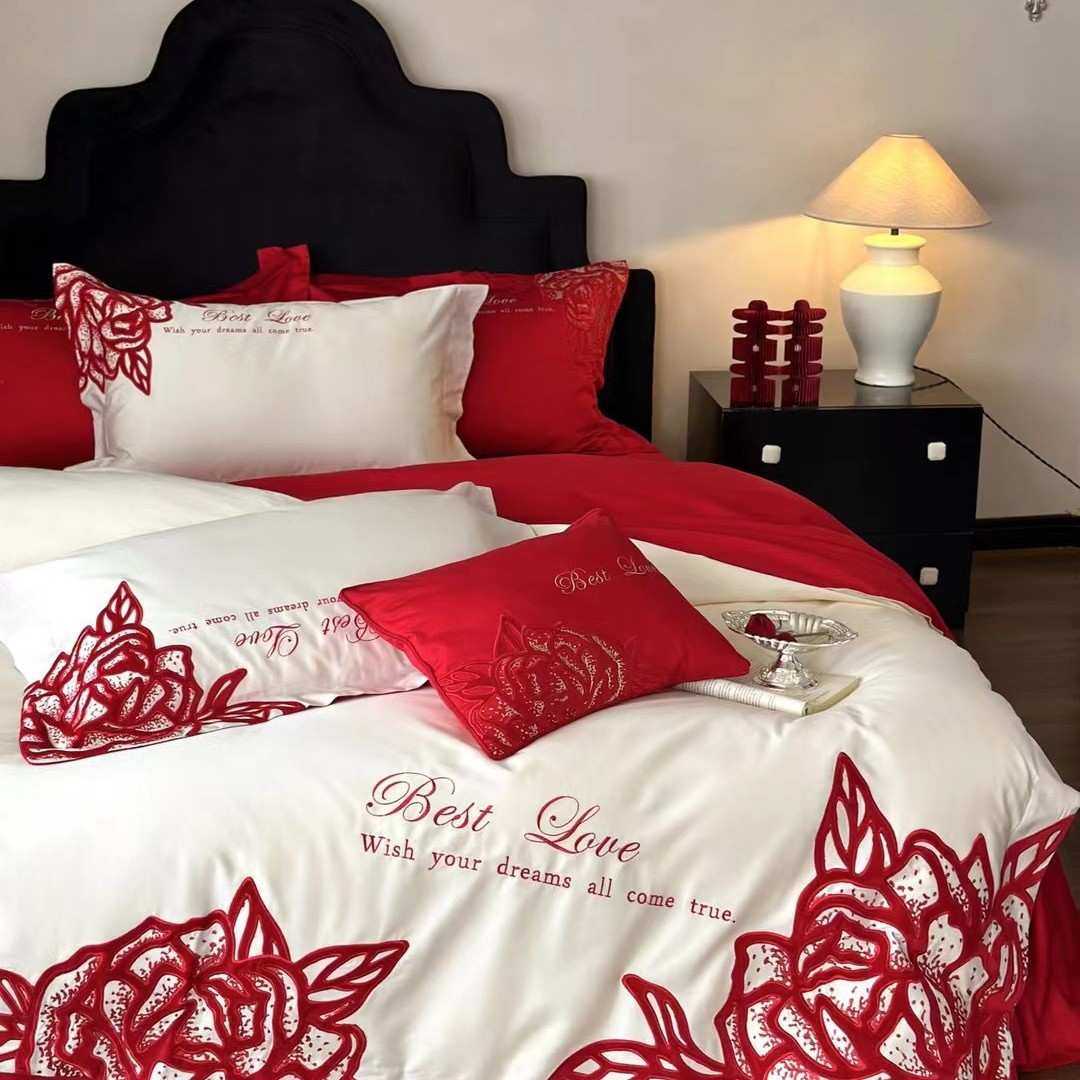 婚庆红色四件套结婚被套床单意式纯棉床上刺绣100S双股长绒棉简约