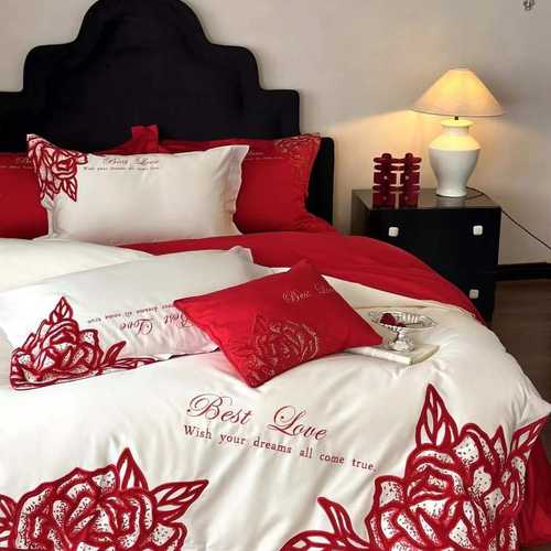 婚庆红色四件套结婚被套床单意式纯棉床上刺绣100S双股长绒棉简约