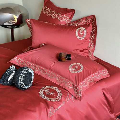 婚庆100S高支长绒棉四件套简约刺绣红色全棉被套纯棉结婚床上用品