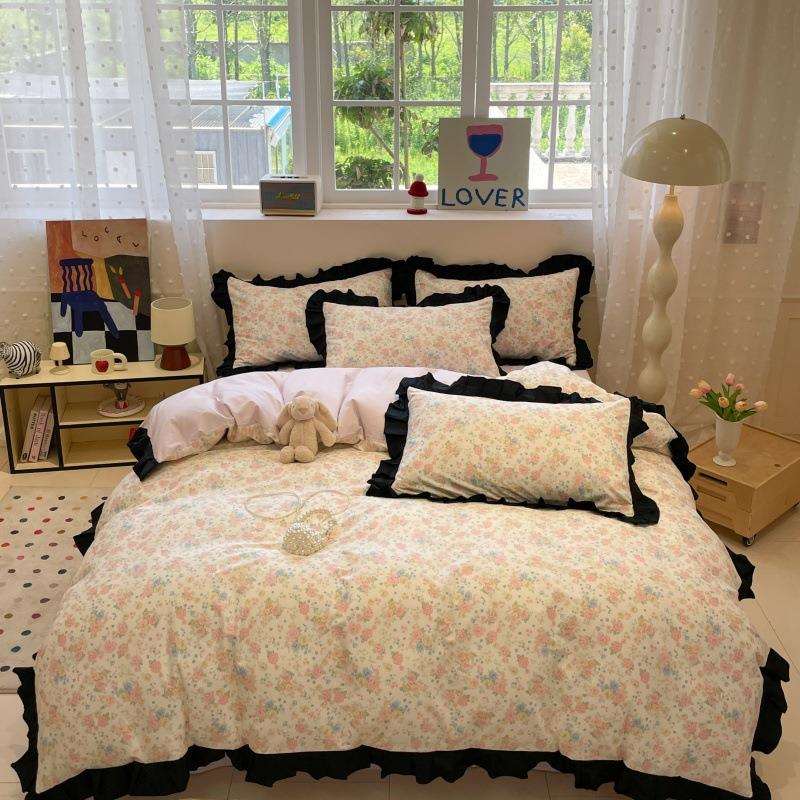 新款复古小清新花边款40支全棉纯棉轻法式印花纯棉四件套床单床笠