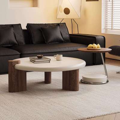 中古奶油风2025年新款实木茶桌客厅家用小户型设计师圆形茶几组合