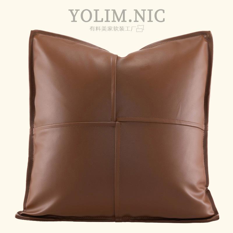 现代简约轻奢样板房抱枕套棕色PU皮革拼接压边纯色方形靠垫套软装