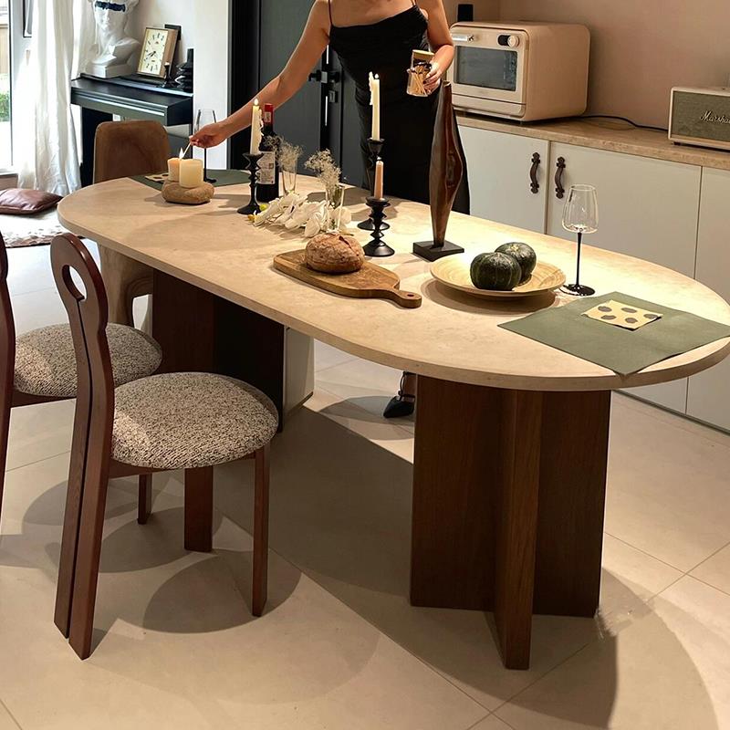 北欧餐桌餐桌椅椭圆形组合家用实木小户型法式简约奶油岩板复古风