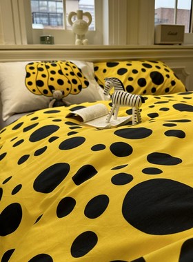 ins少女心黄色黑波点床上四件套全棉纯棉1.5m1.8学生宿舍被套床单