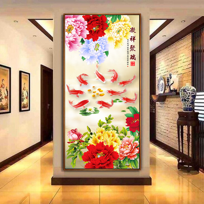 新款中式玄关装饰画牡丹九鱼图客厅过道壁画走廊招财花Z开富贵国