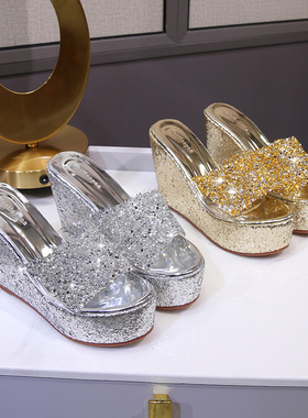 11CM坡跟超i高跟凉鞋松糕厚底金色婚鞋银色亮片女鞋内增高防滑拖