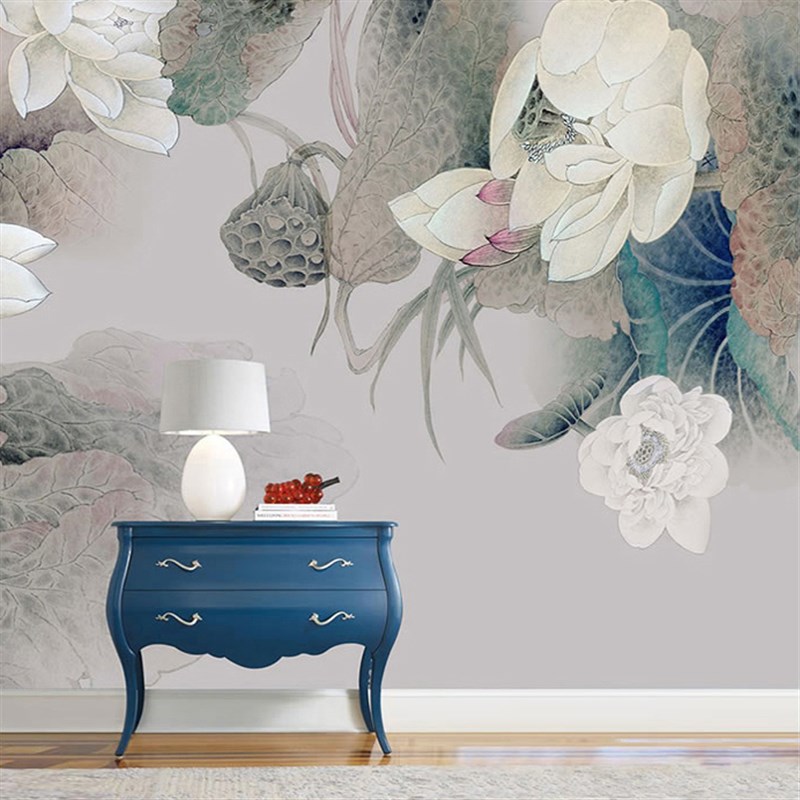 中式手绘b电视背景墙壁纸工笔画荷花壁画客厅书房水墨火锅餐馆墙