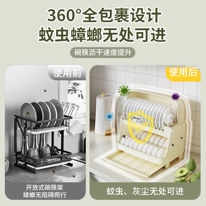 透明防尘双层台面碗柜装碗筷收纳箱沥水碗架碗碟收纳盒厨房置物架