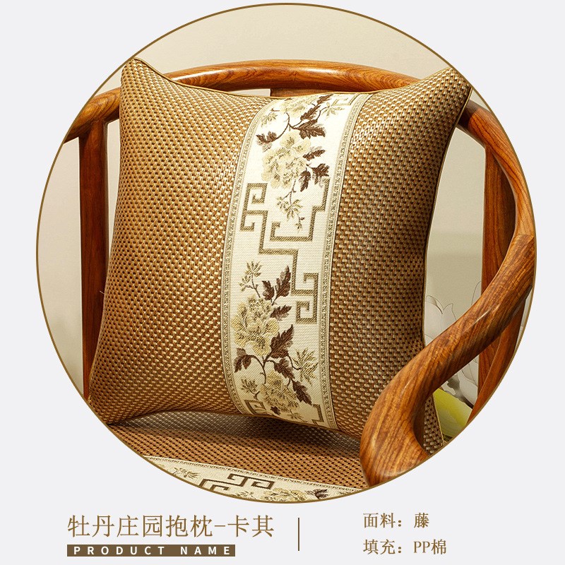 牡丹庄园抱枕中式客厅沙发靠垫含芯腰枕床头靠背垫夏季藤席靠枕套