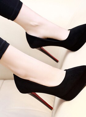 12CM防水台g高跟鞋不累脚细跟黑色职业浅口尖头单鞋春秋季时尚女
