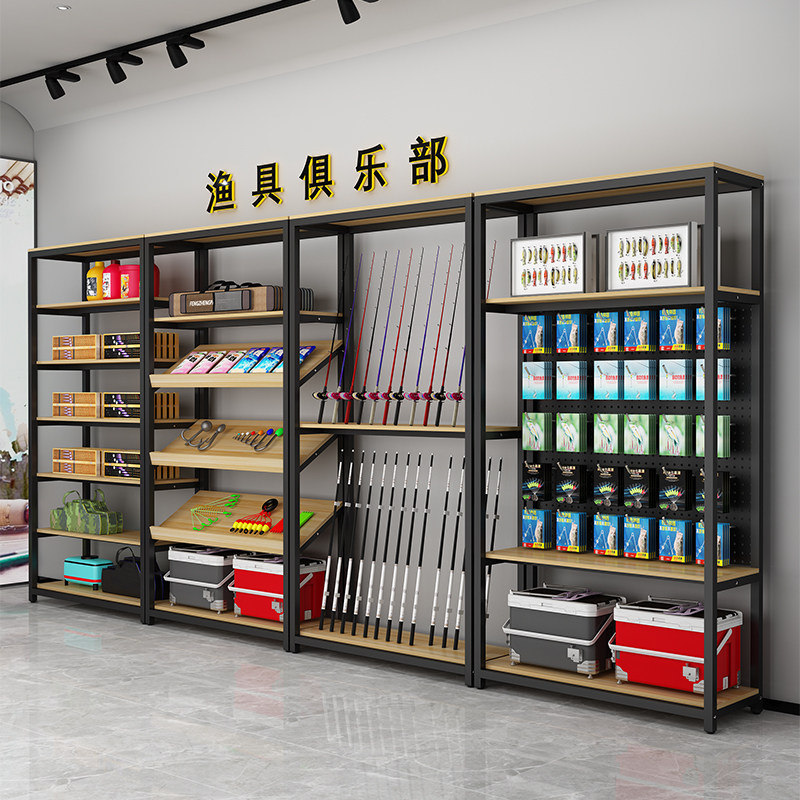 渔具店货架鱼竿展示架钓箱陈列架多层F置物架饵料挂钩架成套组合