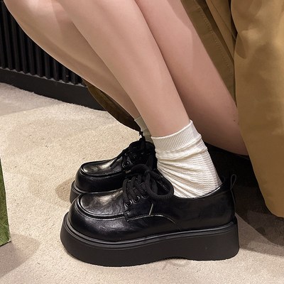 2025春新款松糕m女鞋系带厚底小皮鞋英伦学院风jk鞋子增高大头单