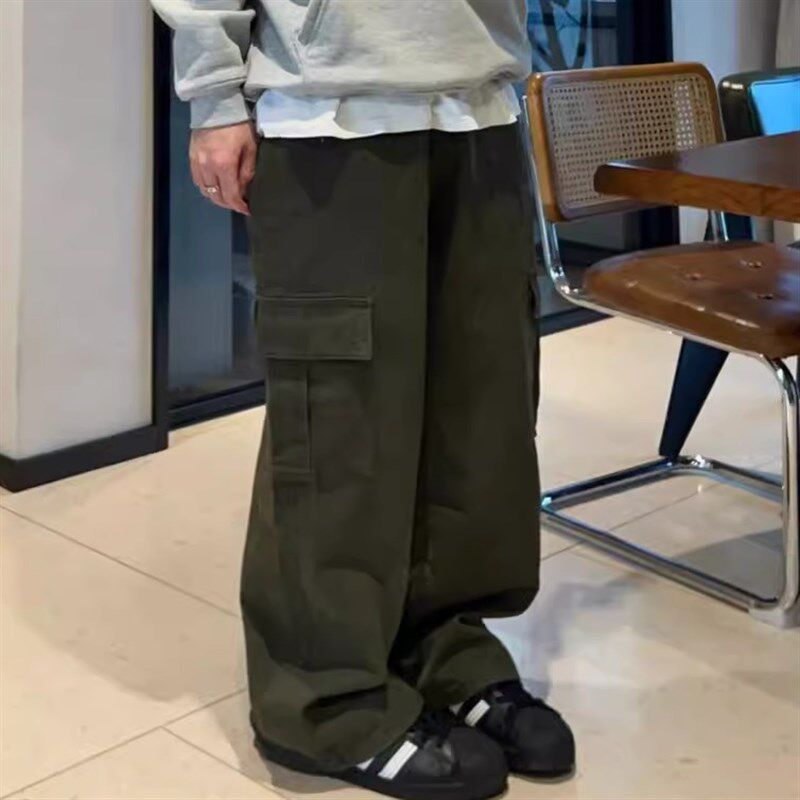 小张几军绿色牛仔工装裤多口袋美式宽松直筒做旧半松紧腰阔腿裤男