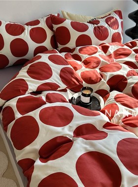 晨钟日出简约高级红色圆波点纯棉四件套ins氛围感全棉床品1.8m