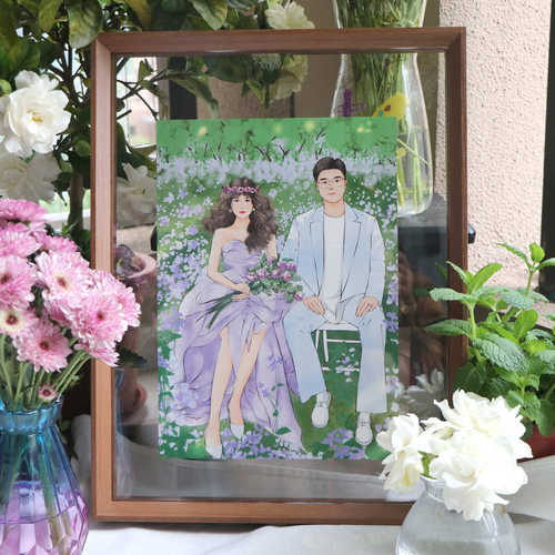 照片水彩手绘定制全家福人物画头像定制情侣结婚请柬画像礼物木框