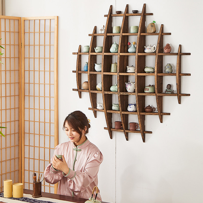 实木茶壶博古架茶具收纳摆u放多宝阁挂墙圆弧形架茶杯茶叶收纳架