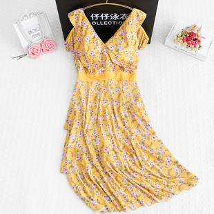 泳装 海边遮肚显瘦保守胖mm女J沙滩荷叶边度假中长款 泳衣长款 大码