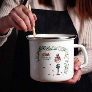 16CM大d号搪瓷水杯带盖可凉水加热泡面碗快餐耐摔怀旧铁茶缸