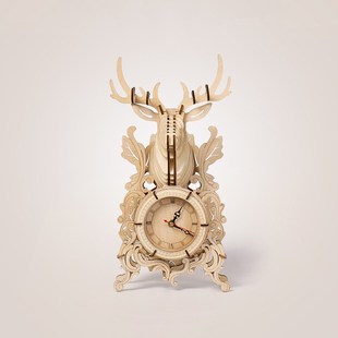 木制麋鹿台钟拼图摆件儿童益智拼装模型玩具立体手工积木时钟拼板