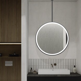不锈钢双面吊镜圆形悬空镜悬挂式智能镜卫生间发光反面手绘画镜子