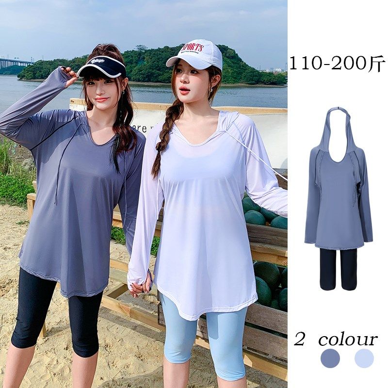微胖大码泳衣女分体三件套罩衫长袖连帽休闲纯色高级感五分裤温泉