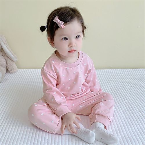 2024新款婴儿套装长袖分体女宝宝两件套爱心可爱T恤长裤春季